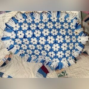 Vintage Handmade Blue and White Floral Crochet Large Doily